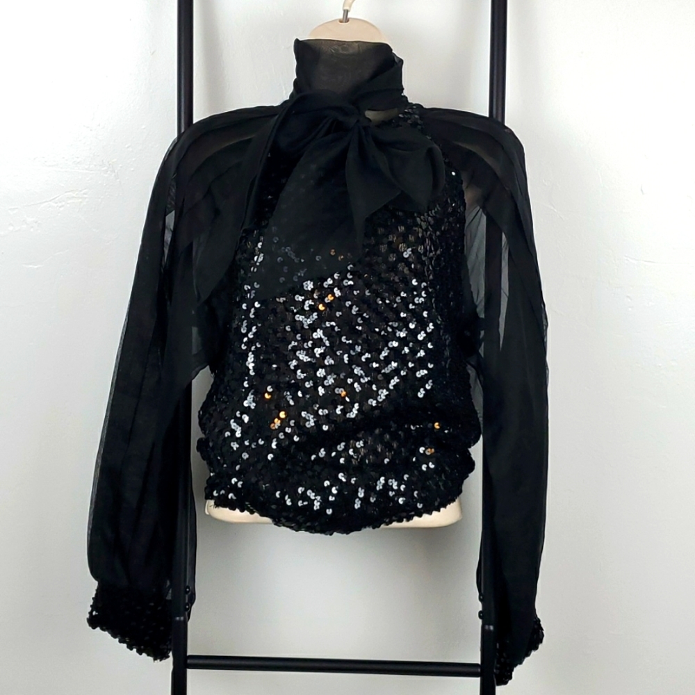 Vintage A.J. Bari Smocked Sequin Sheer Blouse Long Sleeve Sz 10